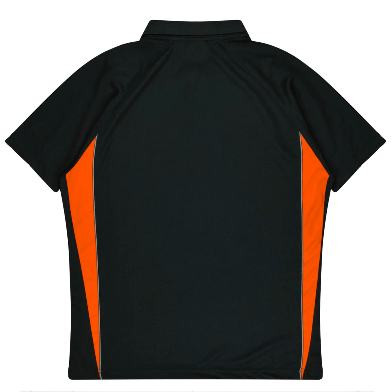 A black polo shirt featuring orange side panels and a logo. The shirt has a classic collar and short sleeves.