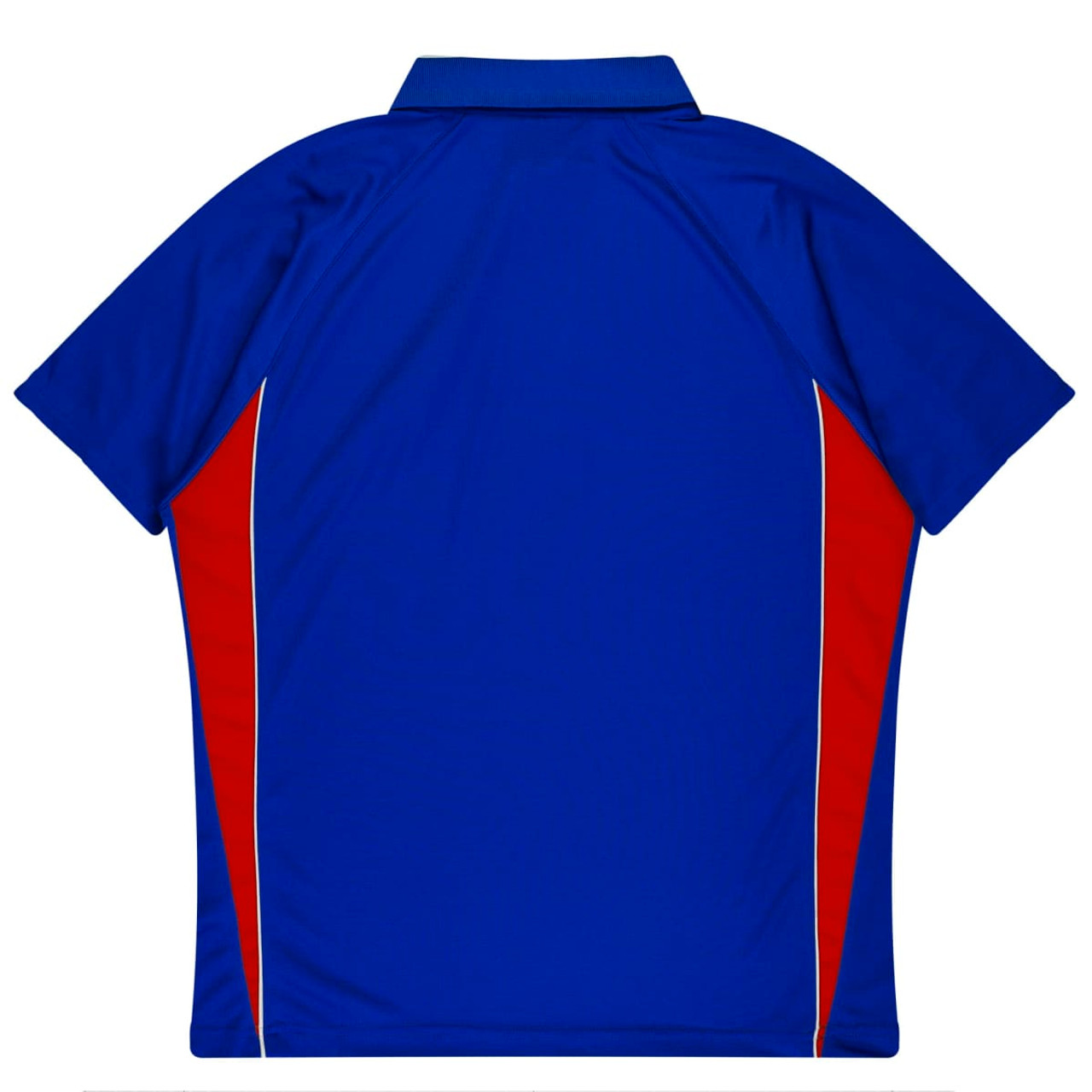 A blue polo shirt with red side accents and a collar. It features a logo on one side.