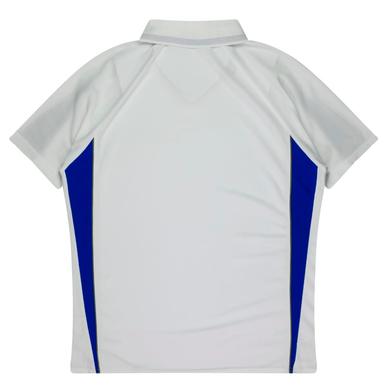 A white polo shirt with blue side panels and a collar, featuring a logo on the back.