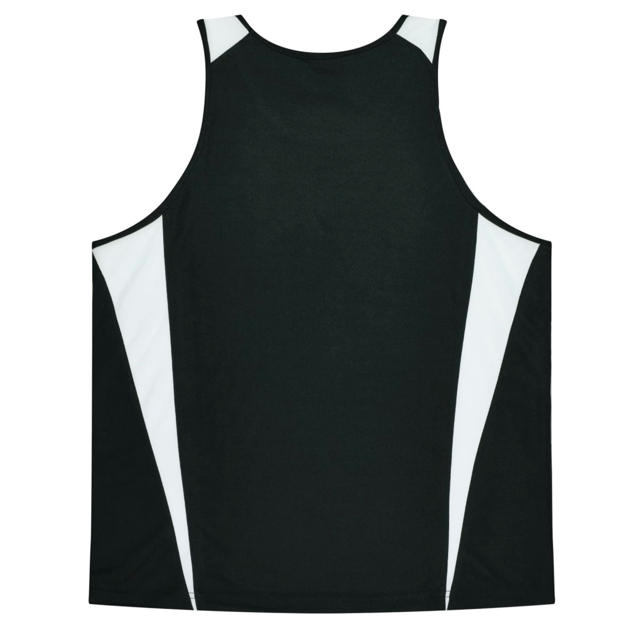 A black singlet featuring white side panels and a logo. Suitable for active wear.