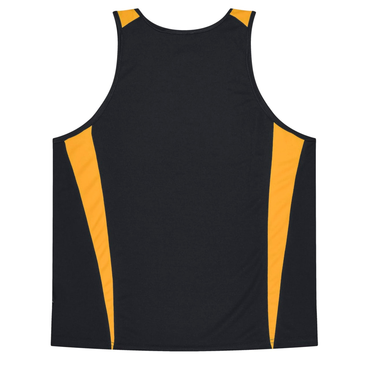 A black singlet with yellow side panels and a logo on the front. Suitable for casual wear or sports.