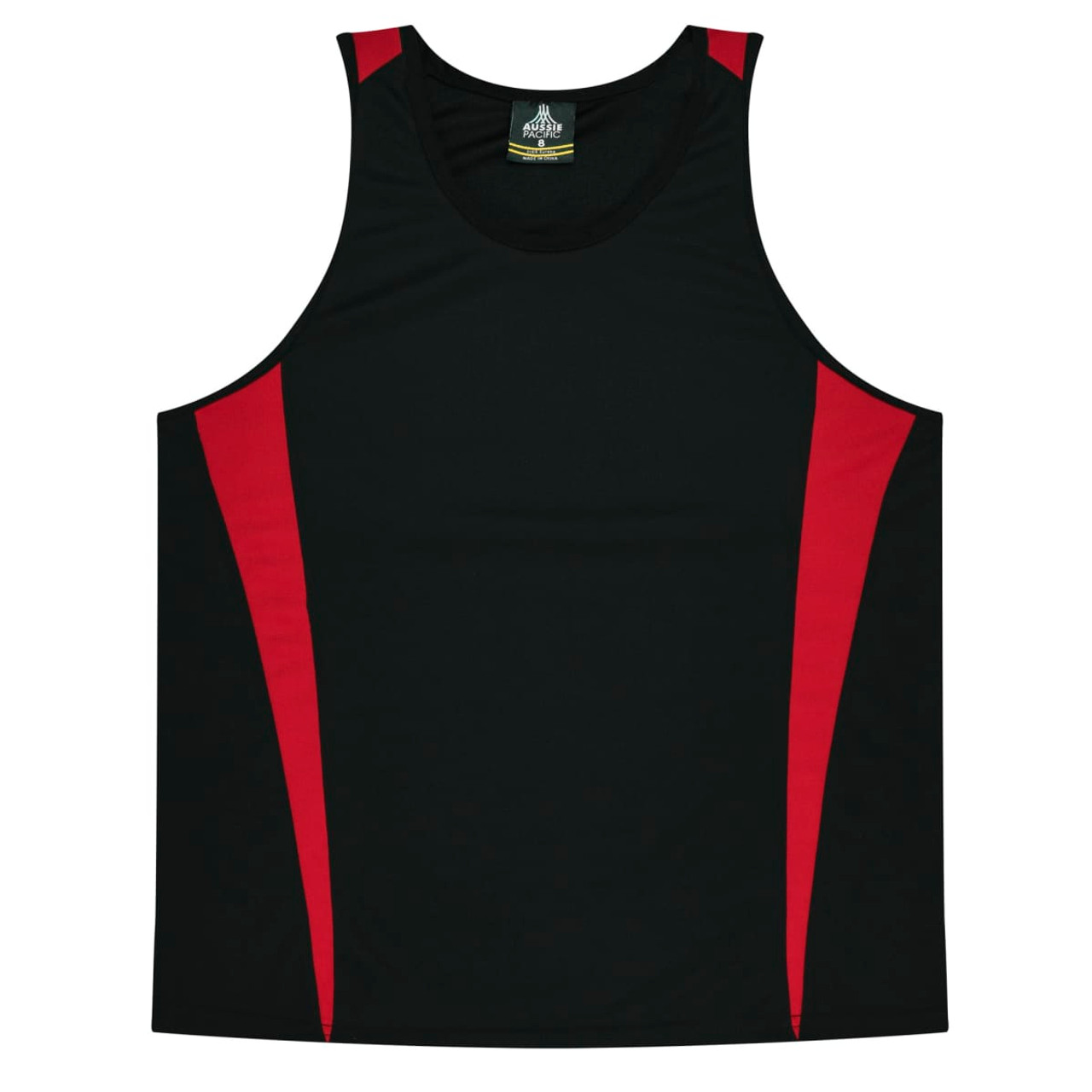 A black singlet featuring red side panels and a logo on the front. Suitable for casual wear or sports activities.
