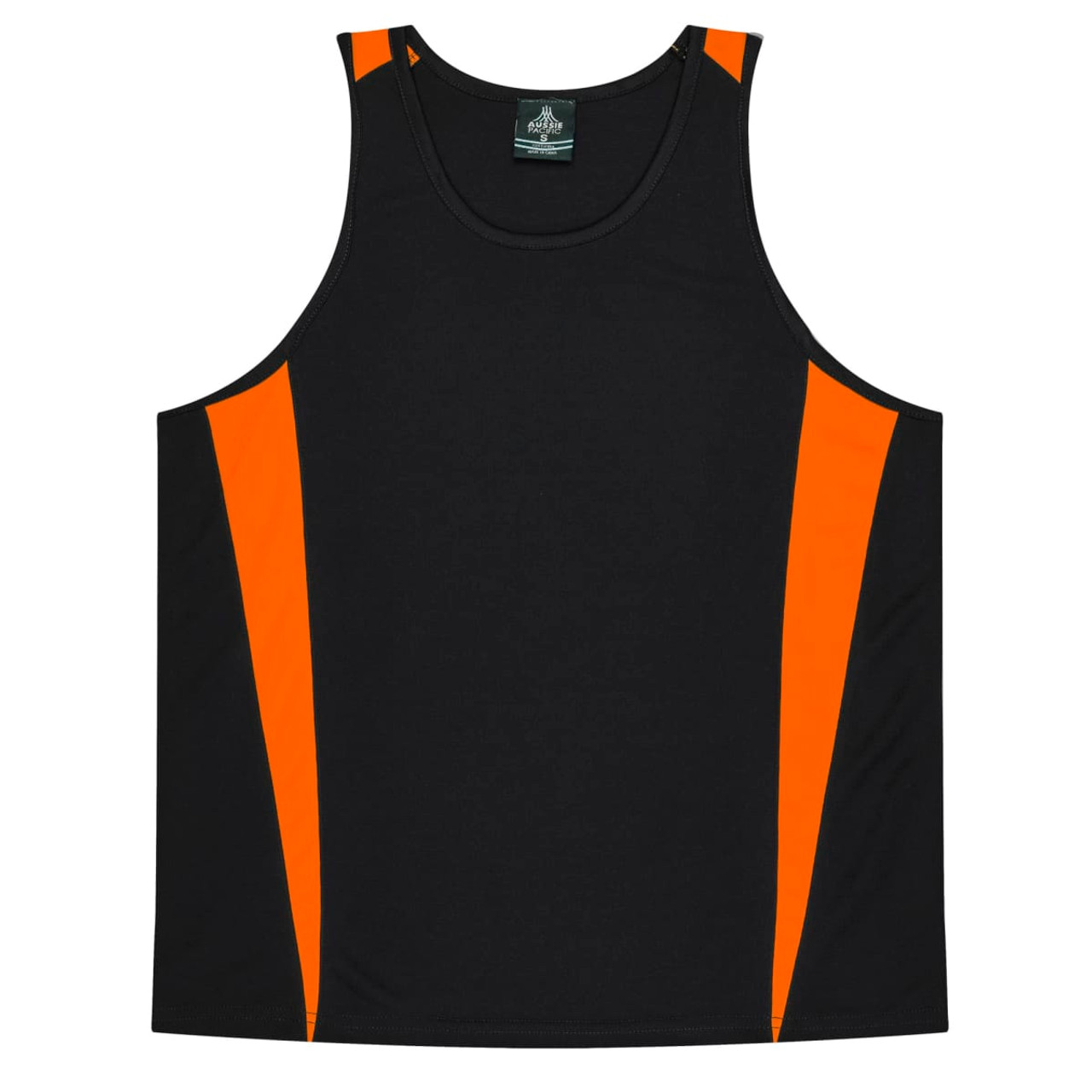 A black singlet with orange side panels and a logo on the upper section. Perfect for active wear.