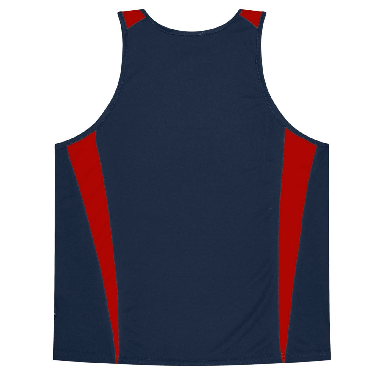 A navy blue singlet featuring red accents on the sides. The garment has a logo on it.