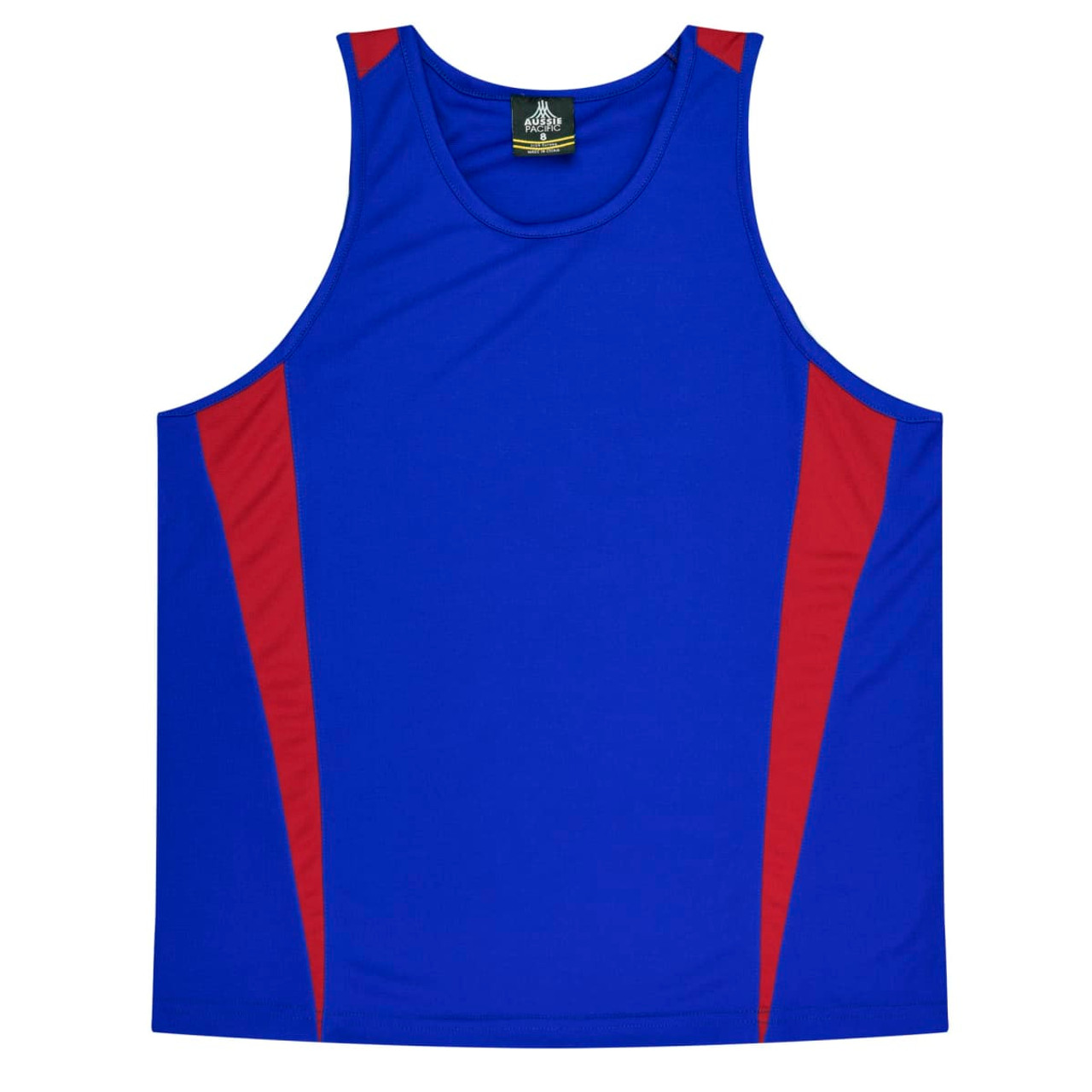 A blue singlet featuring red side panels and a logo on the neckline.