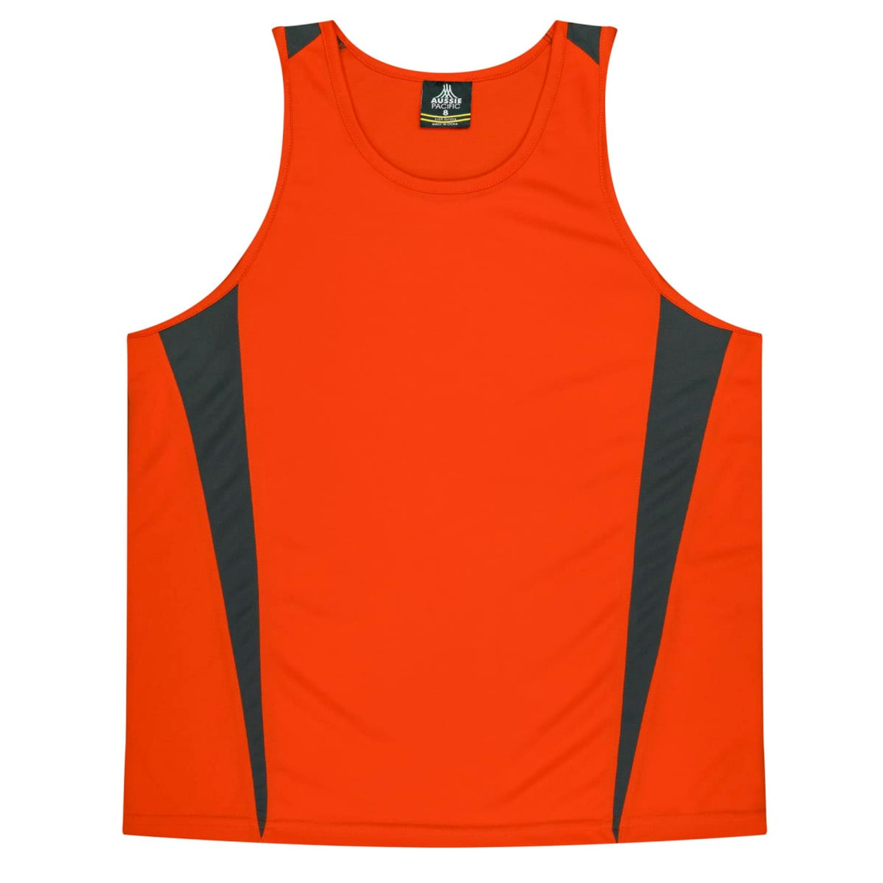 An orange singlet featuring grey side panels and a branded label at the neckline.