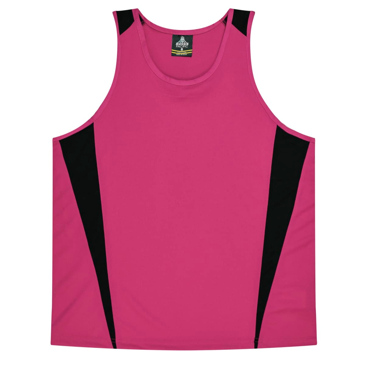 A pink singlet with black side accents, featuring a logo on the neckline. Suitable for kids.