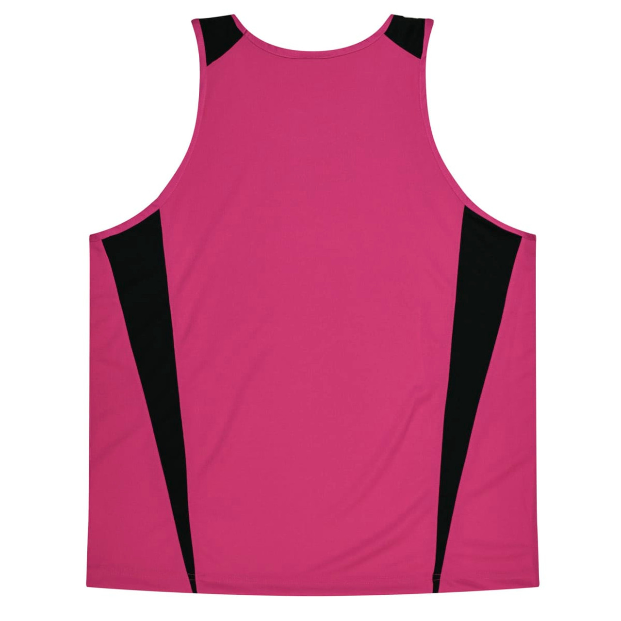 A pink singlet with black accents on the sides, featuring a logo. Suitable for kids' wear.