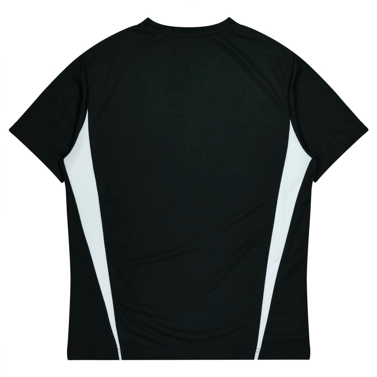 A black T-shirt with white side panels and a simple design. It features a logo on the back.