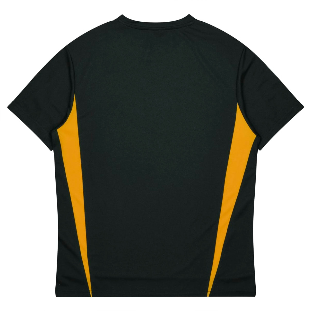 A dark green t-shirt with yellow side panels and a logo. Suitable for casual wear.