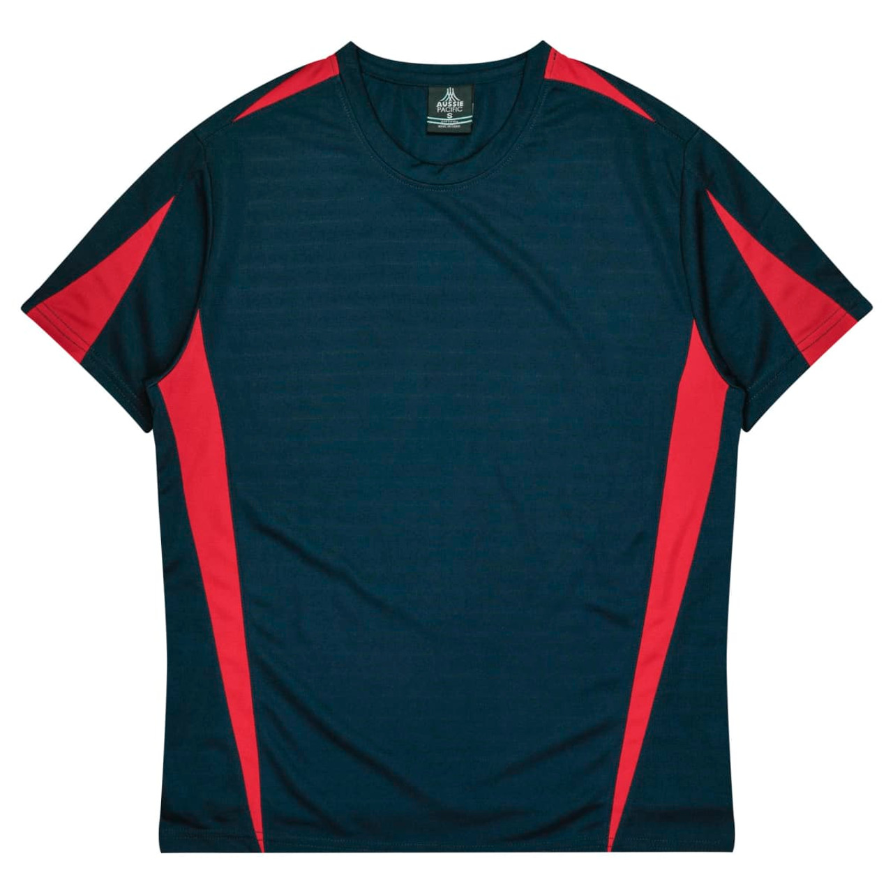 A navy and red T-shirt featuring sporty side stripes and a logo on the neckline.