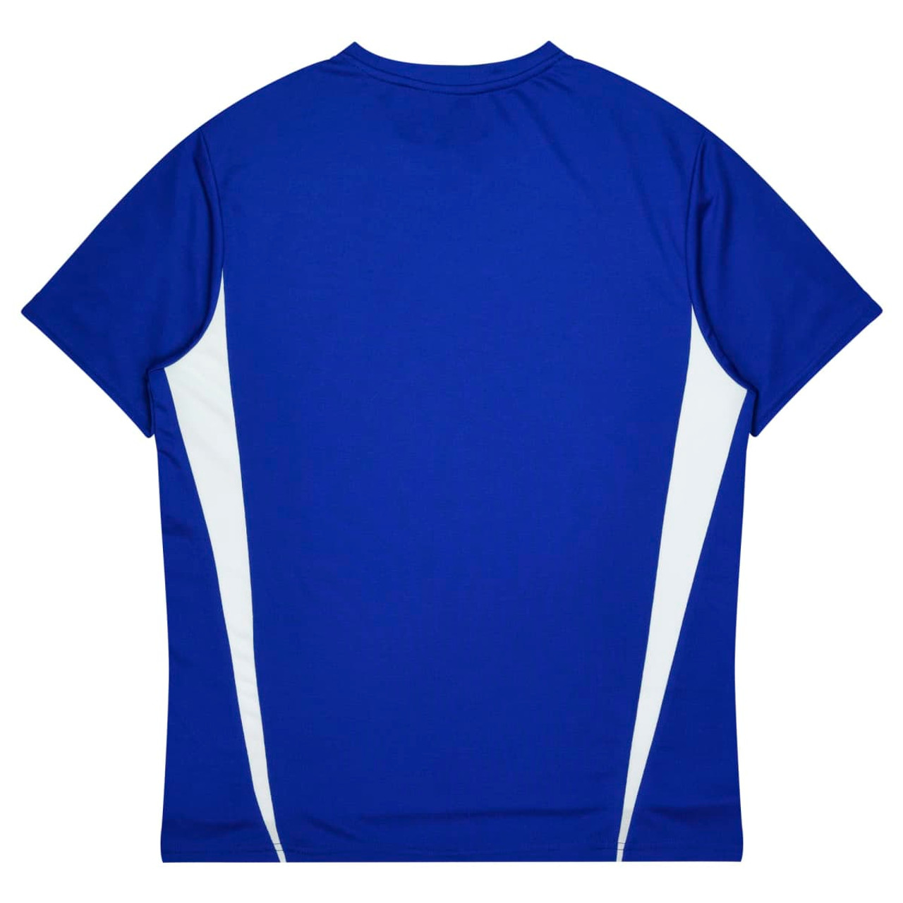 A blue T-shirt with white side panels and a logo. The back view showcases its sporty design.