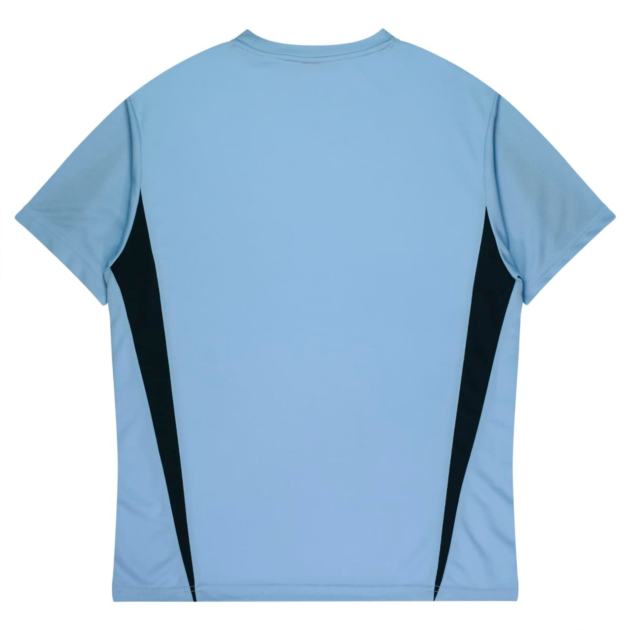 A light blue T-shirt featuring black side panels and a logo. The back design is simple and clean.