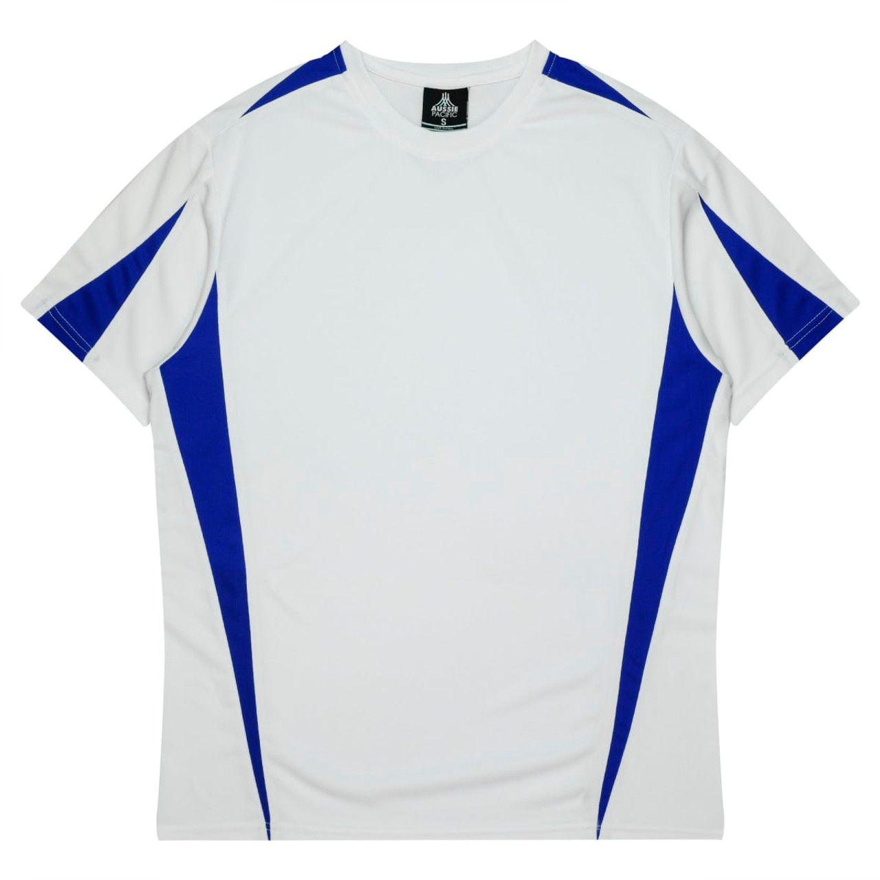A white t-shirt with blue accents and a logo at the neckline. Suitable for kids.