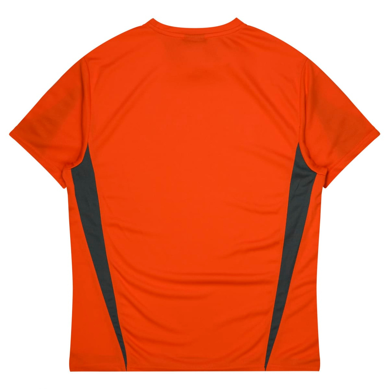 An orange T-shirt with grey detailing on the sides and a brand logo on the back.