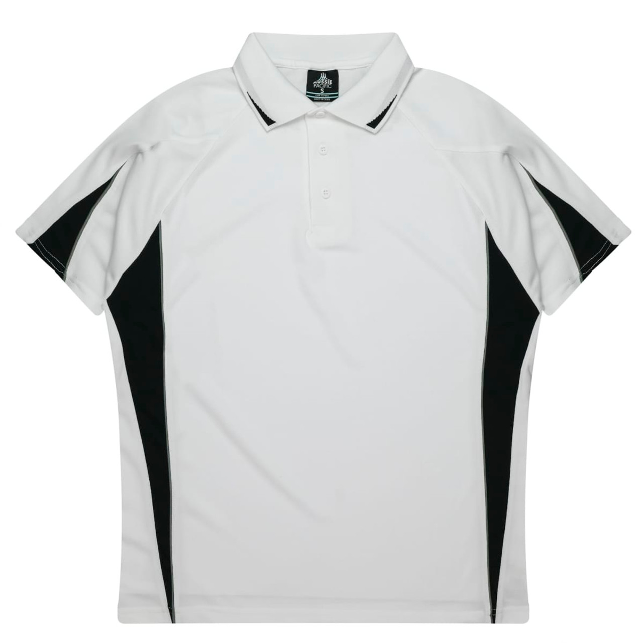 A white polo shirt with black side panels and a collar, featuring a logo on the neckline.