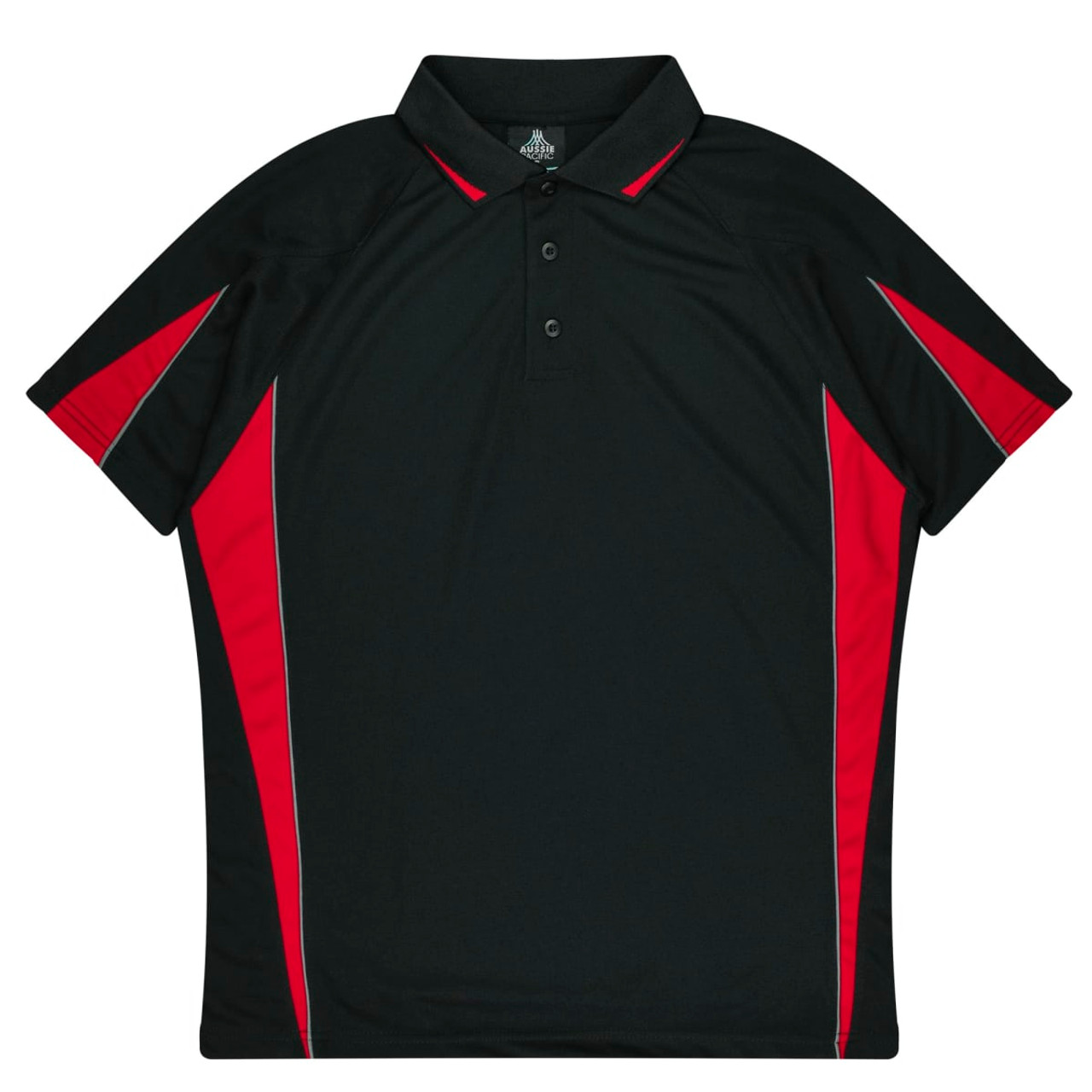 A black polo shirt with red accents and a collar, featuring a logo on the chest area.