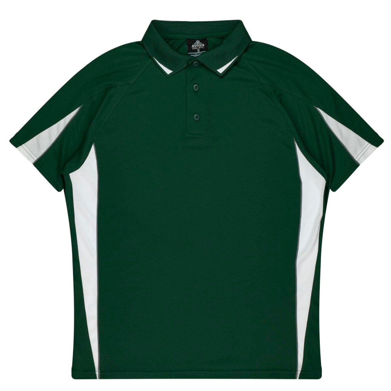 A green polo shirt with white side panels and a collar, featuring a logo on the chest.