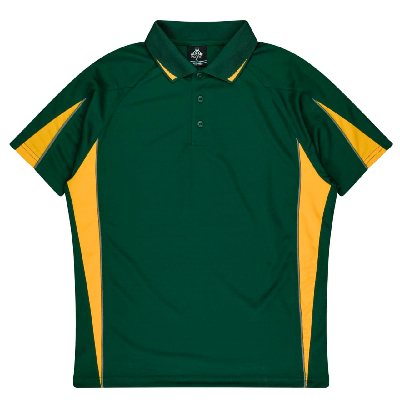 A dark green polo shirt with yellow accents and a collar. It features a logo on the chest area.