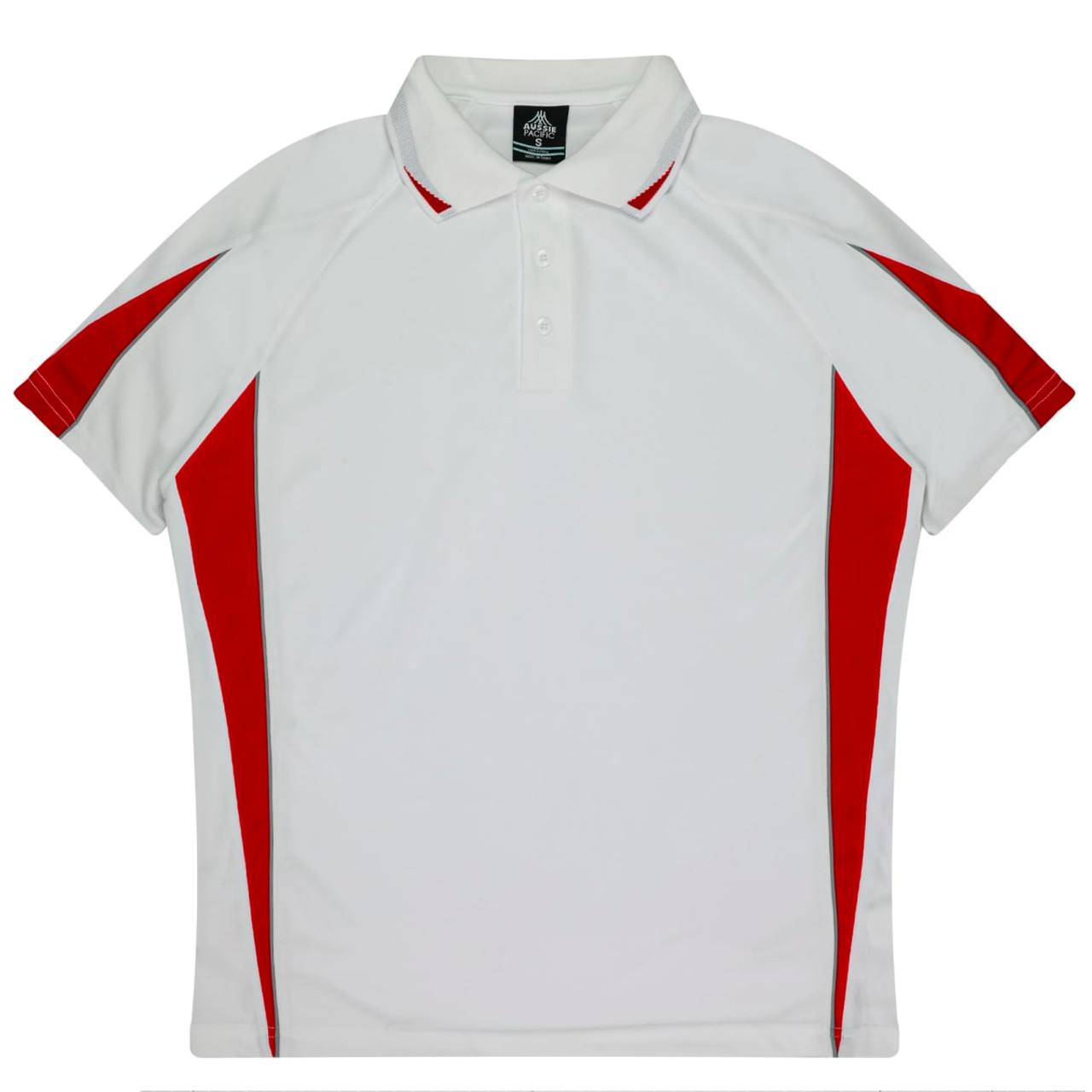 A polo shirt in white with red side accents and a collar, featuring a logo.