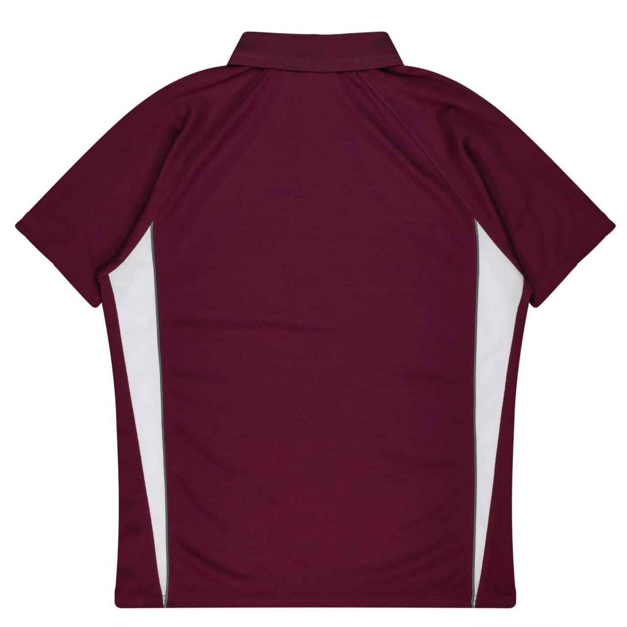 A maroon polo shirt with white side panels and a classic collar. Features a branding logo.