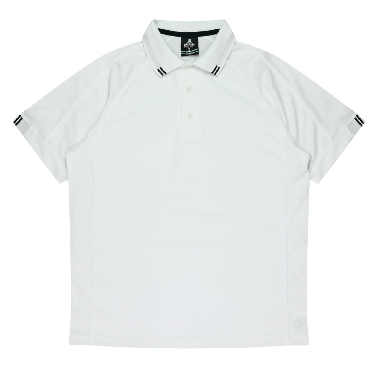 A white men's polo shirt featuring a collar, short sleeves, and stripes on the sleeves. It includes a logo.