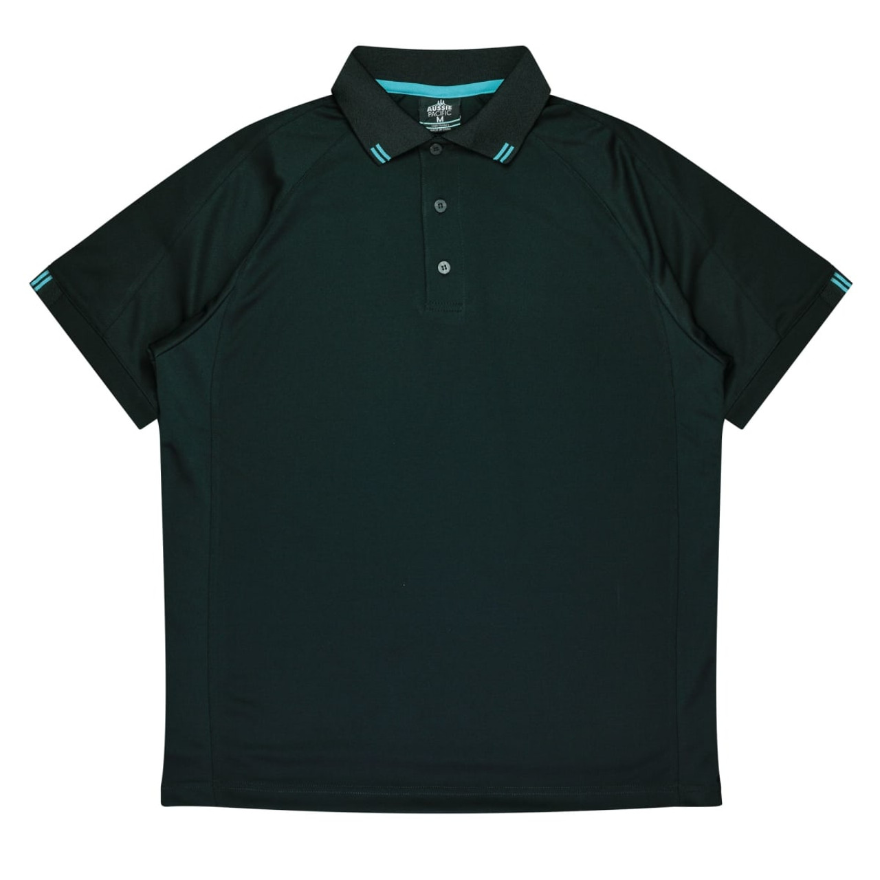 A dark green men's polo shirt with a collar and contrasting blue detailing on the shoulders. It features a logo.