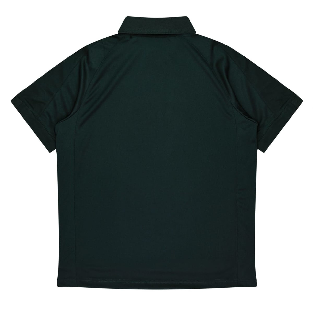 A dark green men's polo shirt with a collared neckline and short sleeves, featuring a logo on the back.