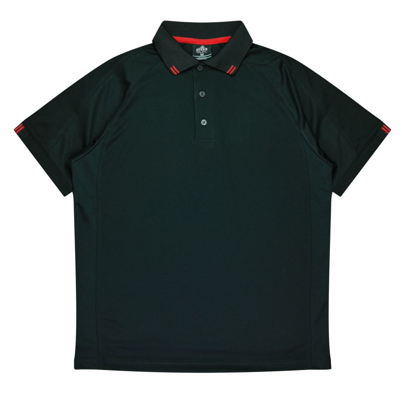 A dark green men's polo shirt featuring a red trim and a collar, with a logo on the chest.