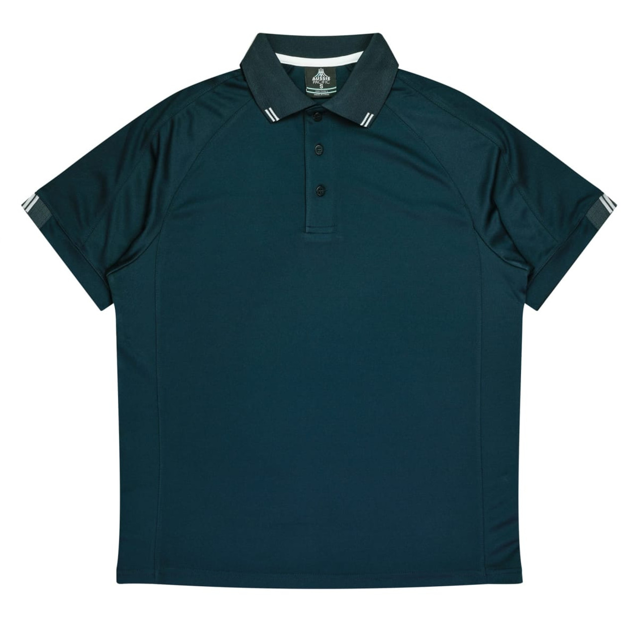A dark teal polo shirt featuring a classic collar and button-up design, with a logo on the chest.