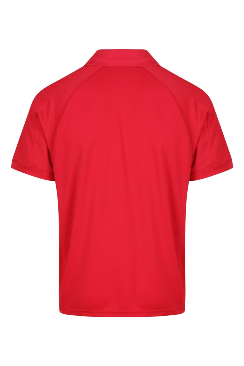 A red polo shirt with short sleeves and a collar, featuring a logo on the back.