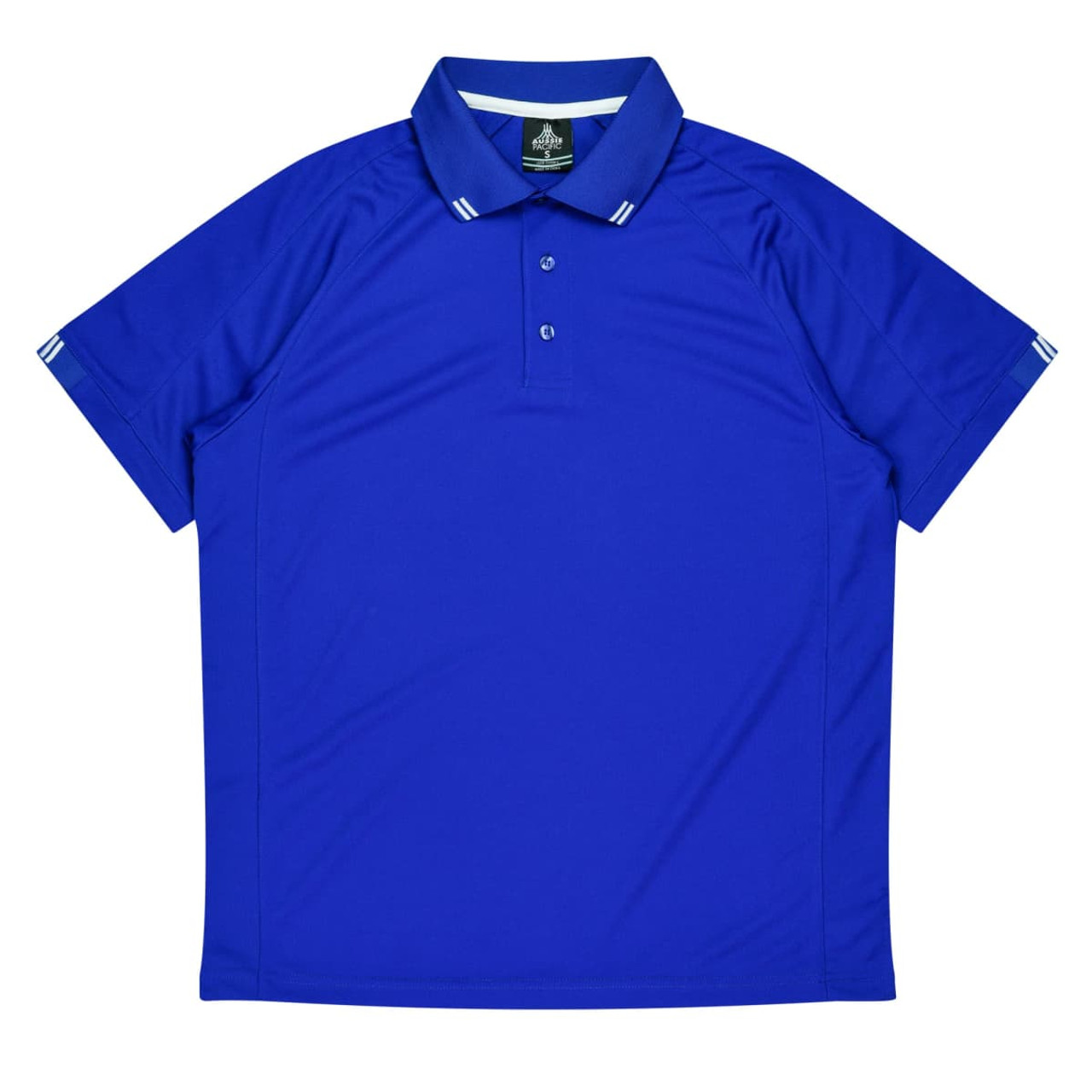 A blue polo shirt with a collar and three buttons, featuring white stripes on the sleeves. Includes a logo.