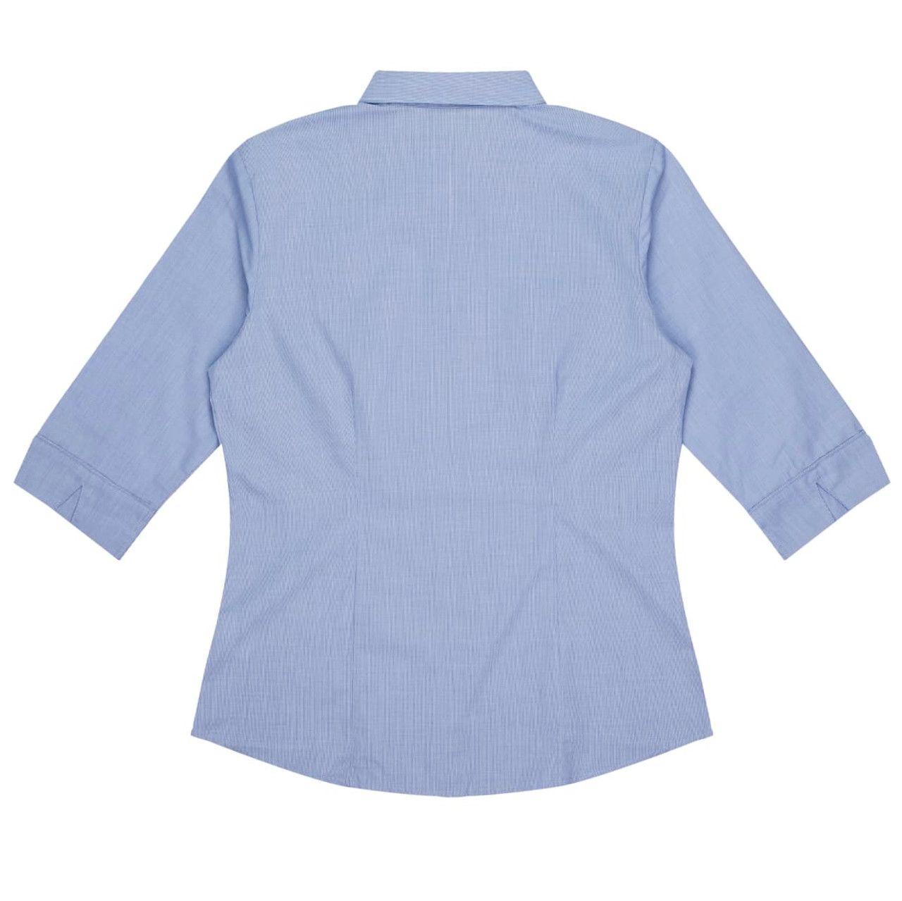 A light blue button-up shirt with 3/4 sleeves and a classic collar, featuring a branding logo.