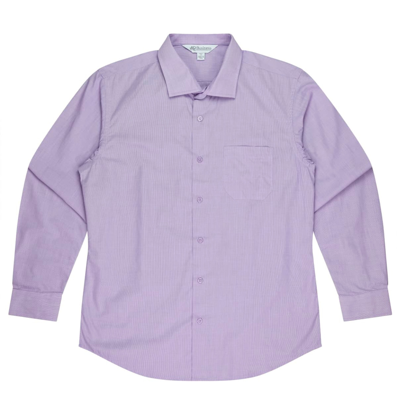 A long-sleeve button-up shirt in lilac with a single chest pocket and a logo on the label.