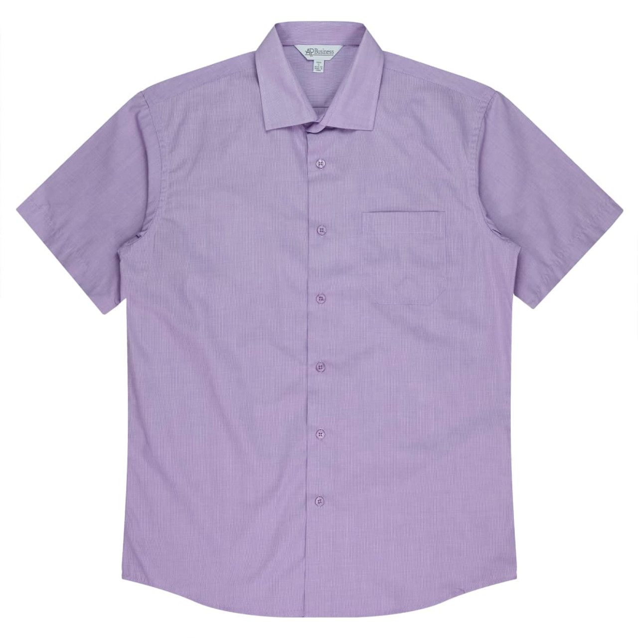 A short sleeve button-up shirt in light purple with a single chest pocket and a branded label.