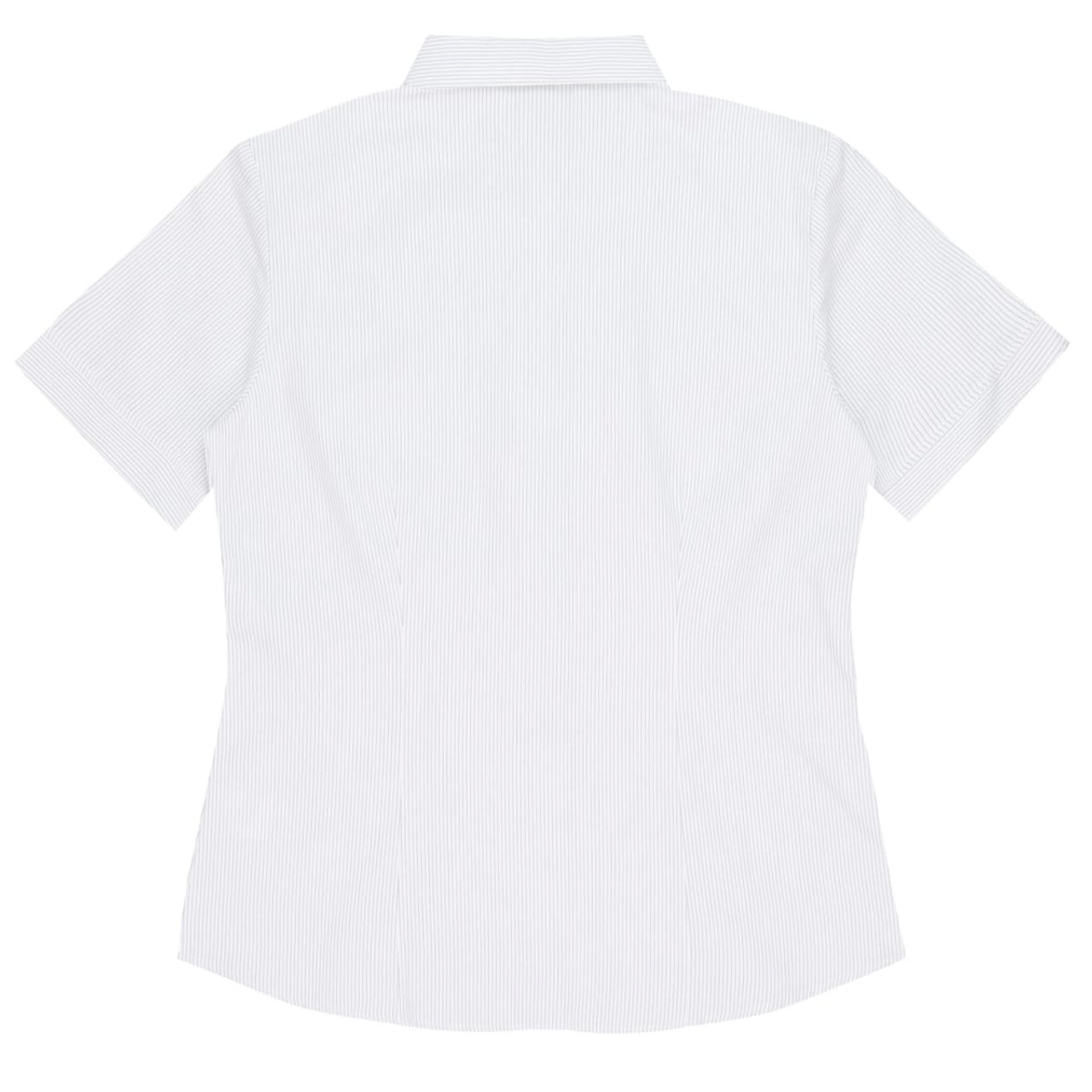 A short-sleeved, button-up ladies' shirt in a light grey and white striped pattern. The shirt features a collar and has a logo.