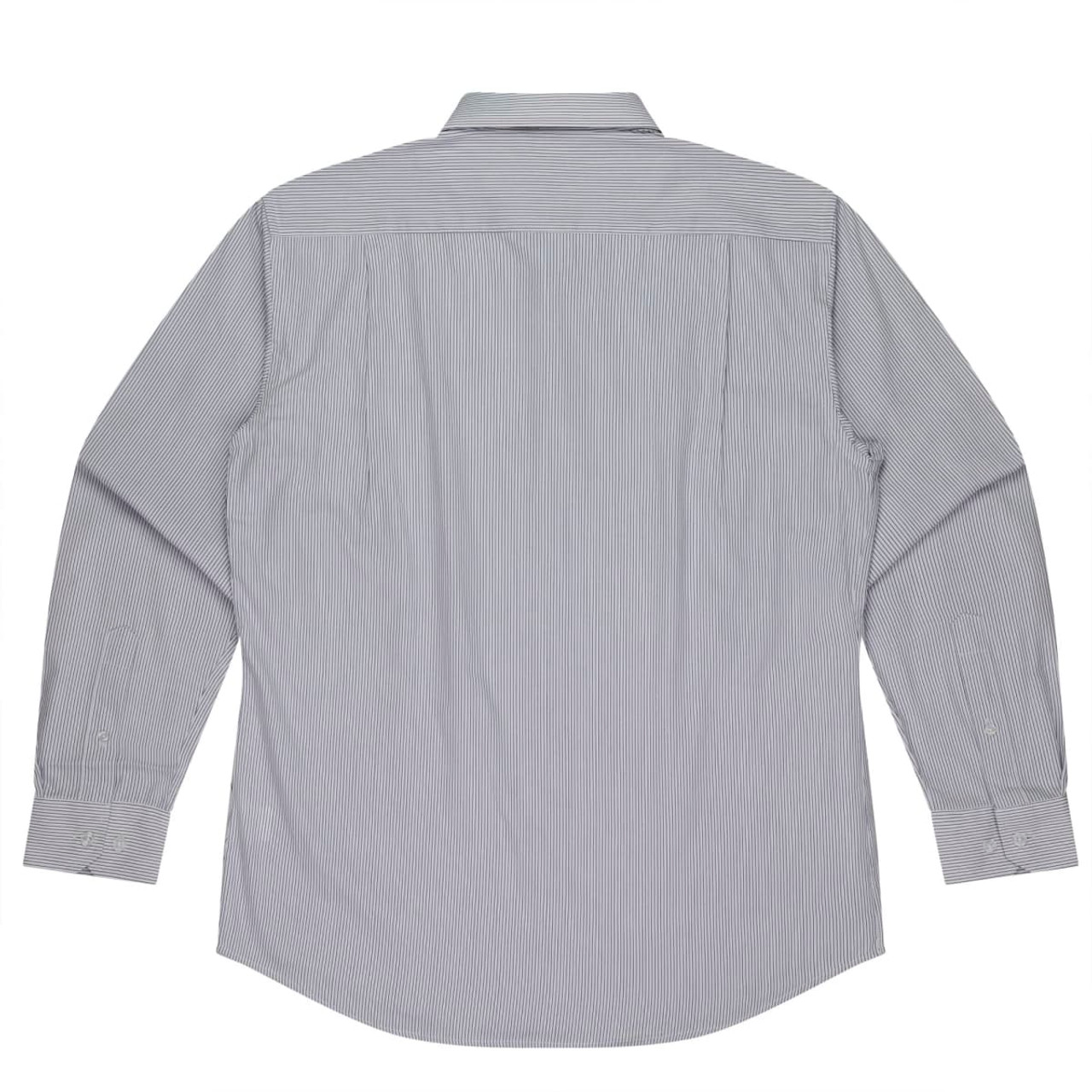 A long sleeve button-up shirt featuring a striped pattern in shades of grey, with a back view.