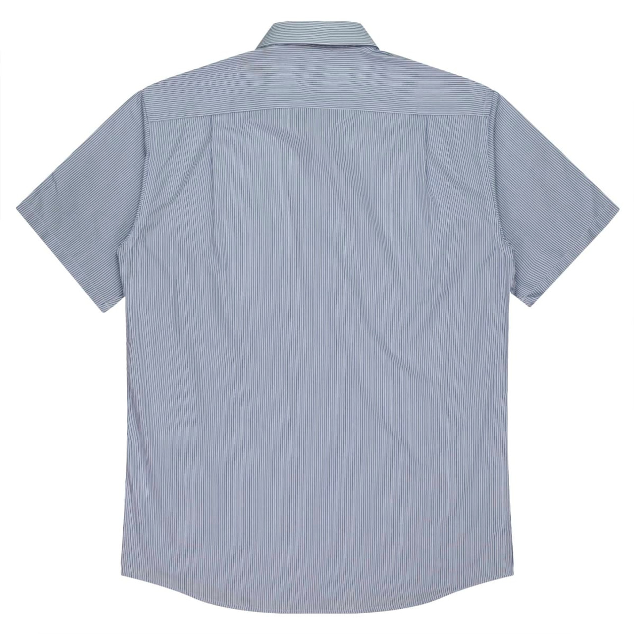 Short-sleeve men's button-up shirt in a light blue striped pattern. Features a collar and a logo.