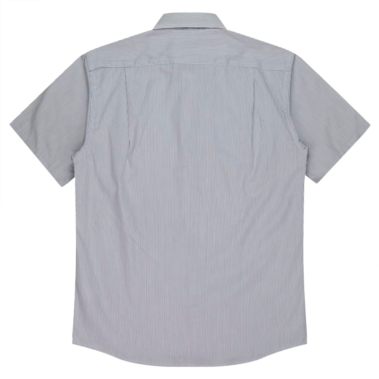 A short sleeve button-up shirt in a striped pattern featuring shades of blue and white, with a collar and a logo.
