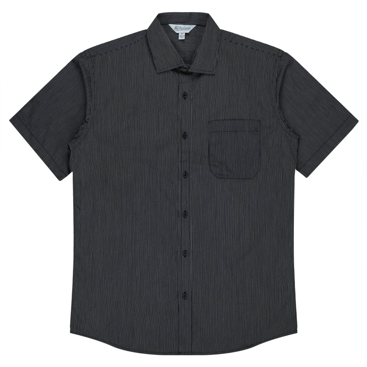 A short-sleeve button-up shirt in dark grey with a subtle stripe pattern and a single chest pocket.