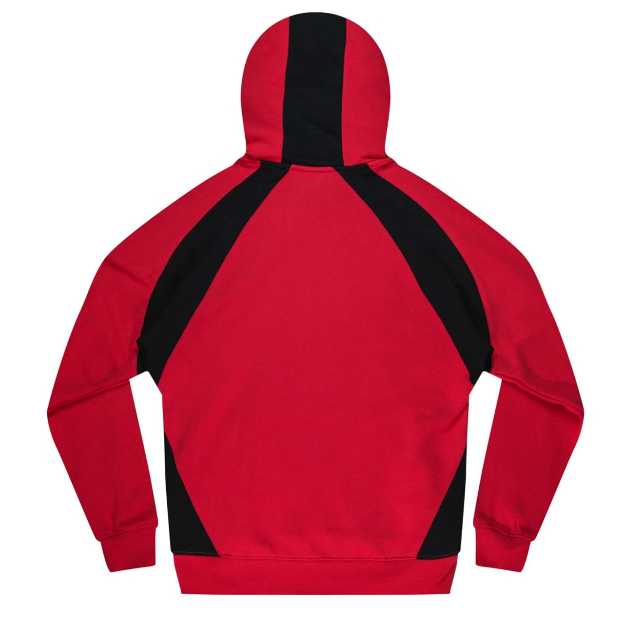 A red hoodie with black panels on the back, featuring a hood. The design is simple and sporty.