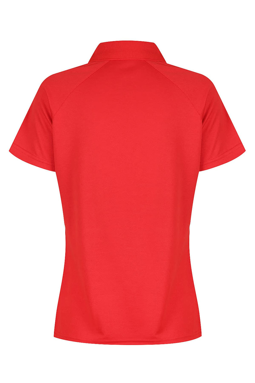 A red polo shirt with a classic collar and short sleeves, featuring a logo on the back.