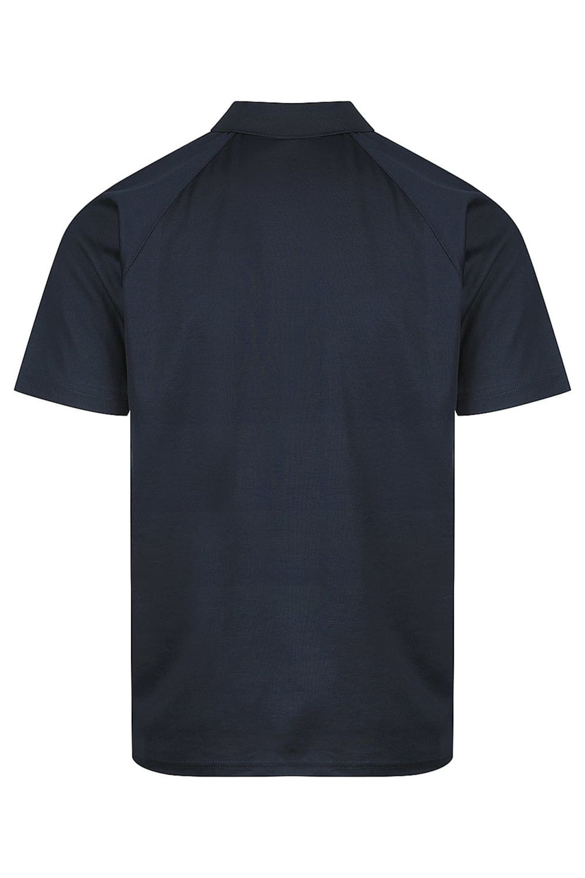 A navy polo shirt with a collar and short sleeves, featuring a logo on the front. The back is plain without design.