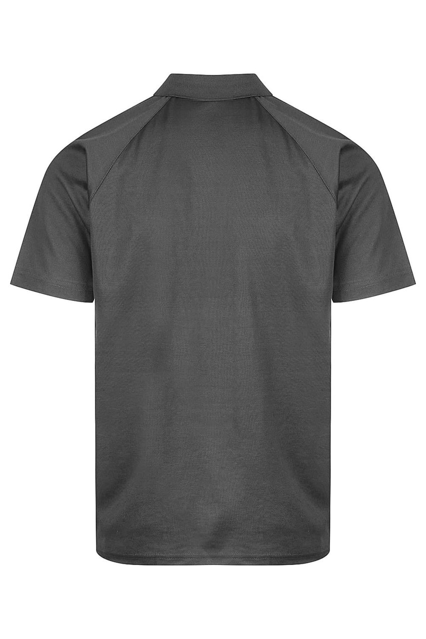 A grey men's polo shirt featuring a collar and short sleeves, with a logo present on the garment.