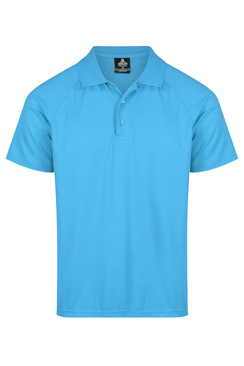 A turquoise polo shirt with a collar and three buttons, featuring a branding logo.