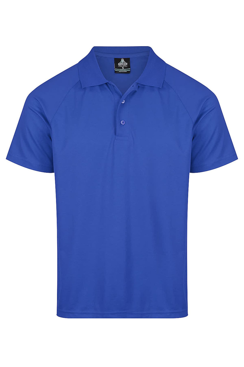 A blue polo shirt with a collar and three buttons, featuring a logo on the upper left.
