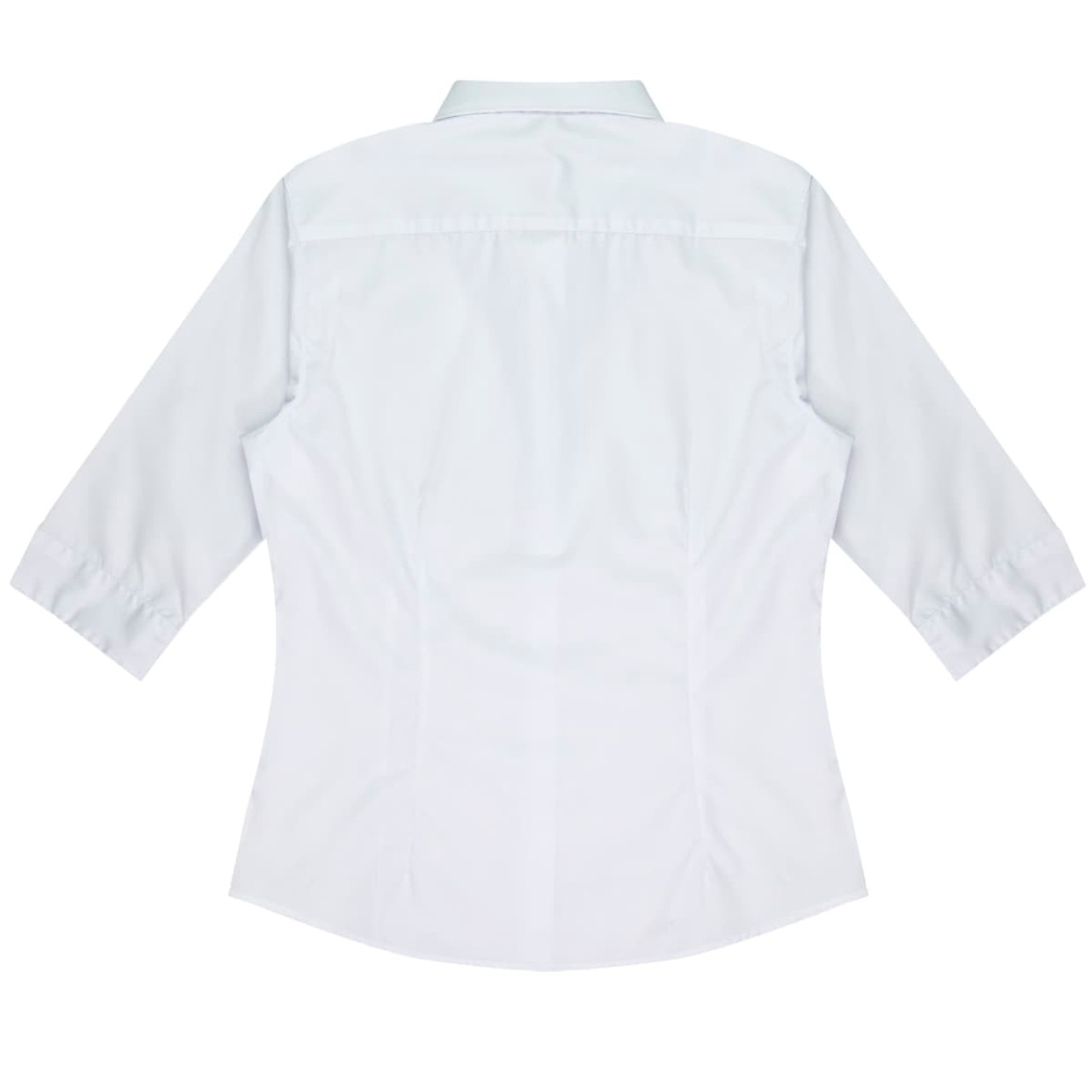 A light grey button-up shirt with 3/4 sleeves, featuring a classic collar and curved hem. It has a logo on the back.