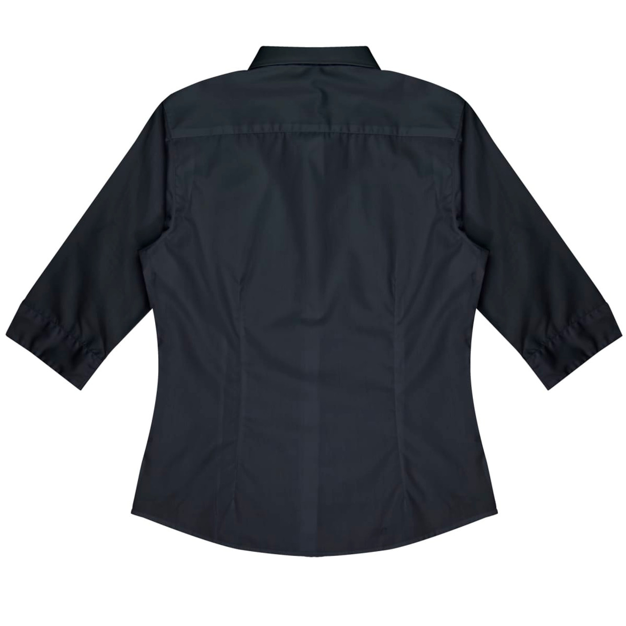 A dark grey button-up shirt with 3/4 sleeves and a fitted design, featuring a logo.