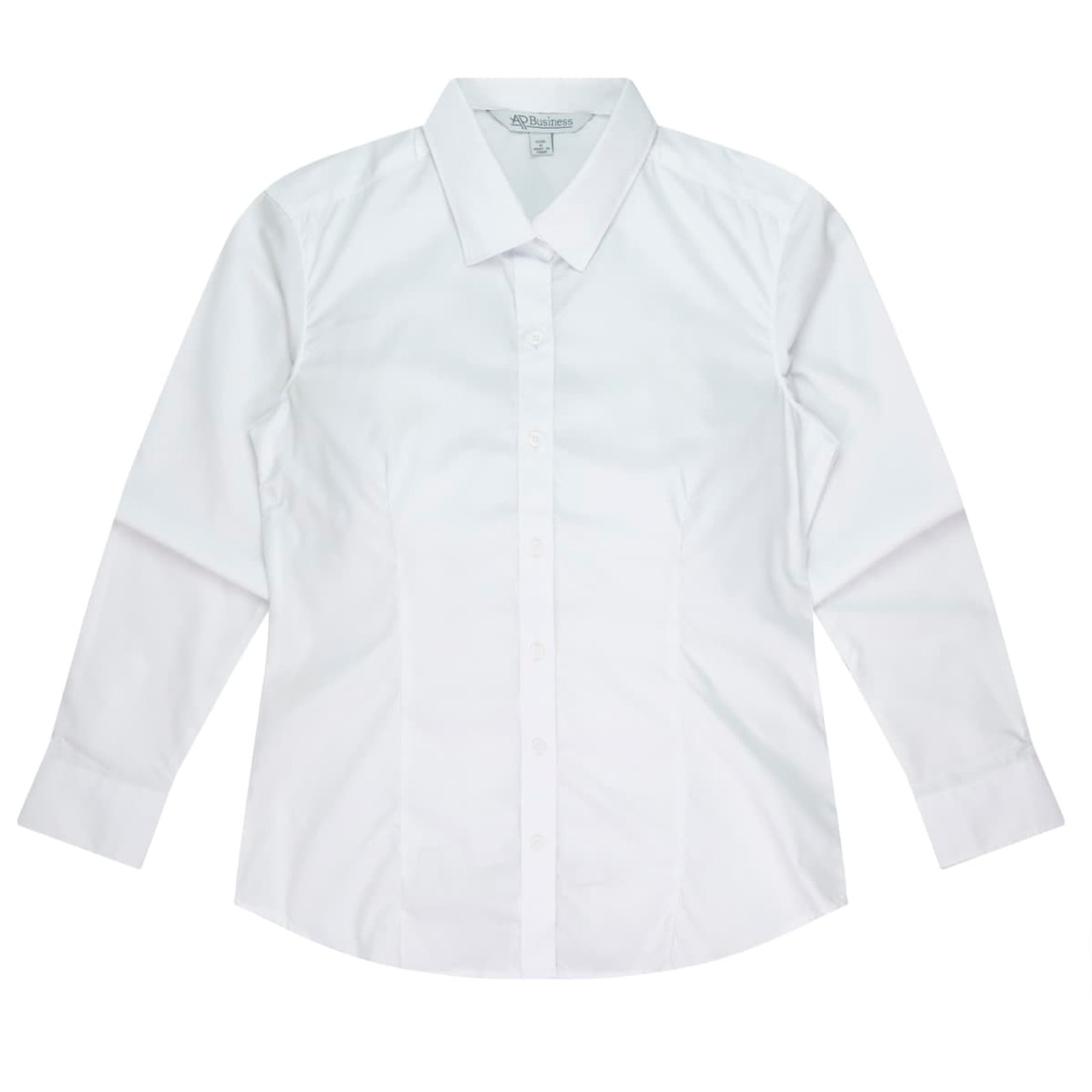 A white long sleeve button-up shirt with a collar and fitted style, featuring a logo.