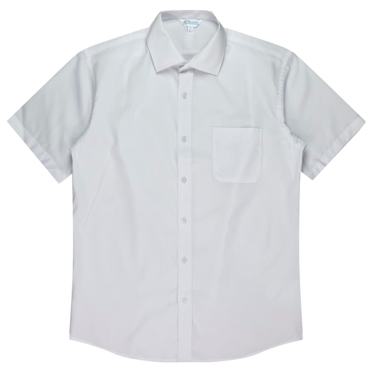 Short-sleeve button-up shirt in light grey with a single chest pocket and a collar. Features a logo.